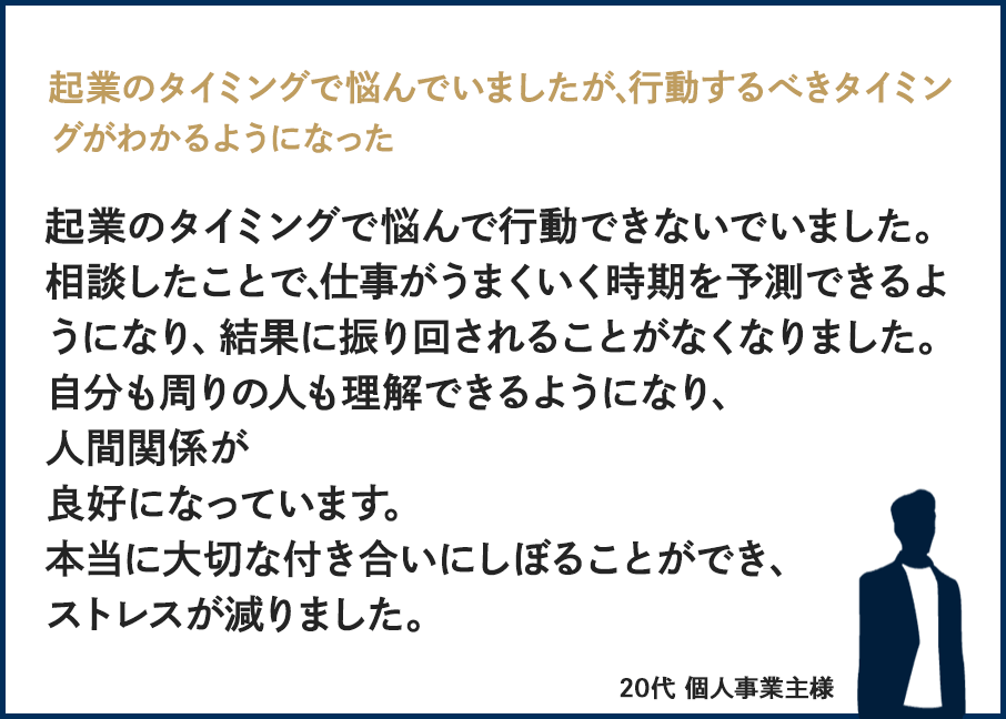 起業のタイミングで悩んでいましたが、行動するべきタイミングがわかるようになった。起業のタイミングで悩んで行動できないでいました。
相談したことで、仕事がうまくいく時期を予測できるようになり、結果に振り回されることがなくなりました。
自分も周りの人も理解できるようになり、人間関係が良好になっています。本当に大切な付き合いにしぼることができ、ストレスが減りました。20代・個人事業主様